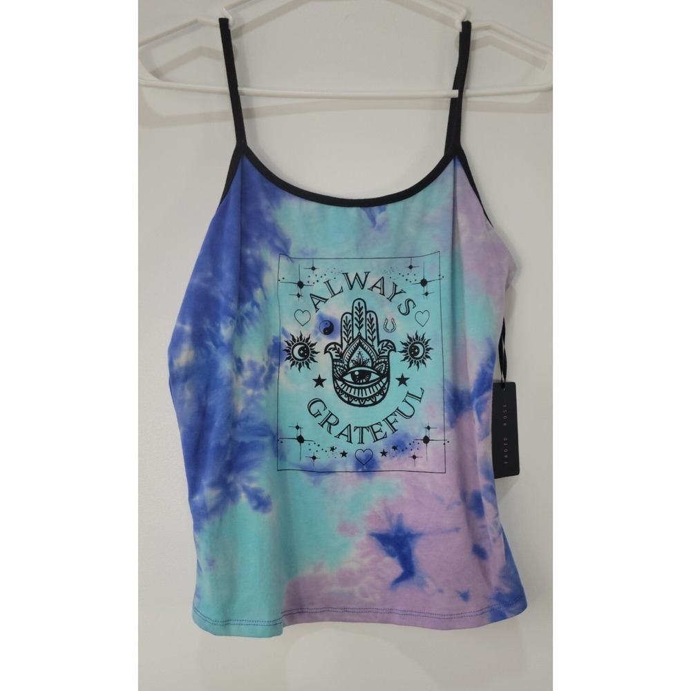 Faded Rose Womens Always Grateful Hamsa Tie Dye Tank Top Blue Purple Large